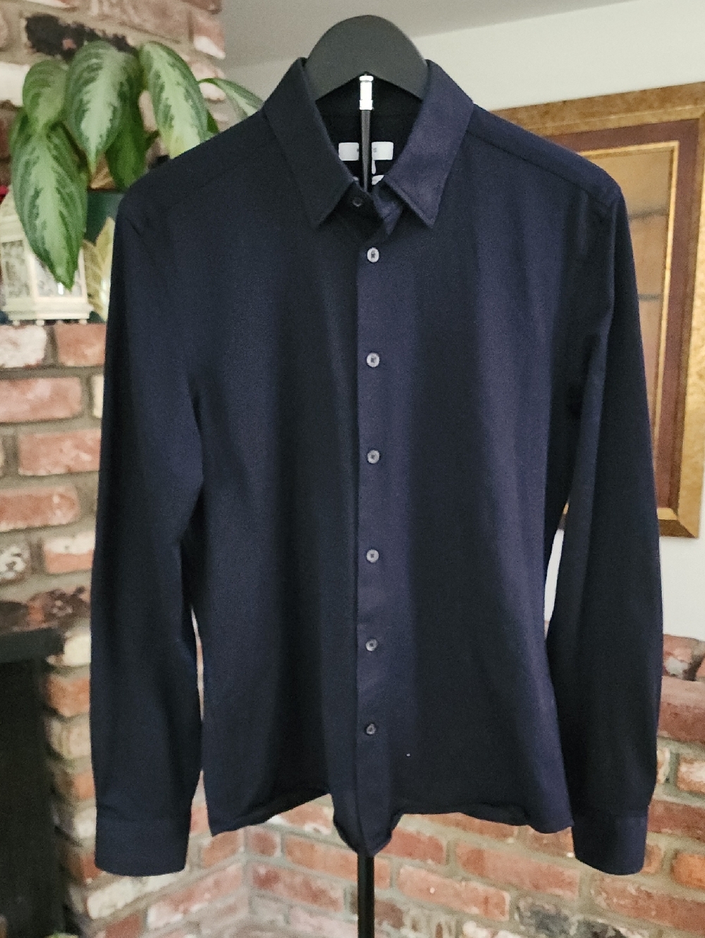 Reiss Slim Fit Navy Button Up Shirt Men's Tailored Minimalist Modern Dress Shirt